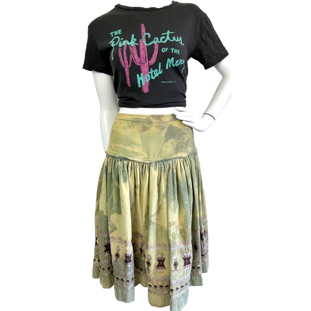 Calypso Skirt WomenSize Small Embroidery Corduroy A-Line TieDye Oversized Sage